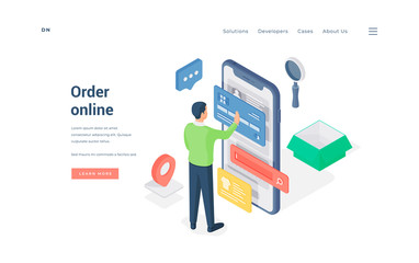 Man making online order on smartphone isometric vector illustration