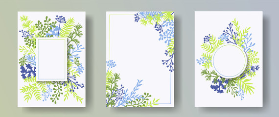 Hand drawn herb twigs, tree branches, leaves floral invitation cards templates. Plants borders natural cards design with dandelion flowers, fern, lichen, eucalyptus leaves, savory twigs.