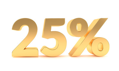 Golden 25 percent discount sale promotion. 25% discount isolated on white background. 3D Percentage discount. Twenty five percent off discount