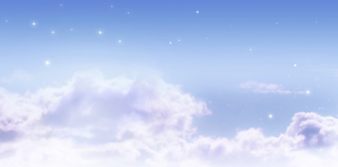 Fantasy fairy tale banner background of fabulous morning dawning blue cloudy sky with shining stars and mysterious clouds, clear air, tranquil idyllic harmonious beautiful environment scene