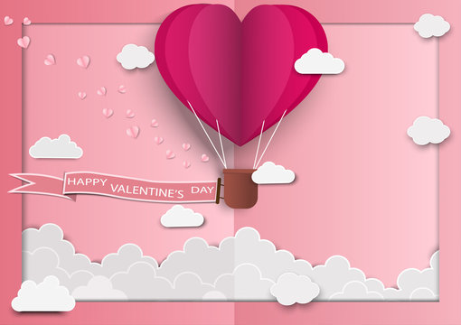 Paper art of love and Origami made air balloon heart shape flying with valentines day label.They are in the air with copy space. Mother's Day,Happy Women,Vector Valentine's Day and paper cut concept.