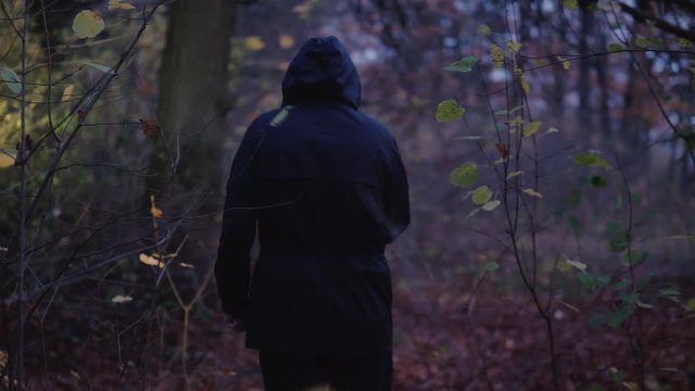 A man in a hood with a flashlight in his hand walks through a dark forest. Search for a man