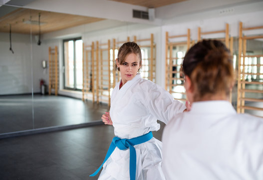 Young women practising karate indoors in gym.
