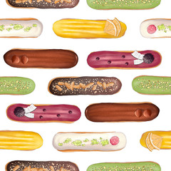 Seamless pattern with sweet eclairs