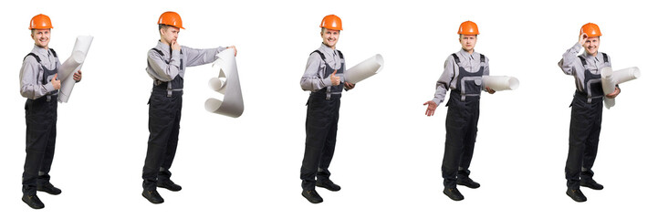 An engineer builder is studying blueprints for building construction or repair. Isolated