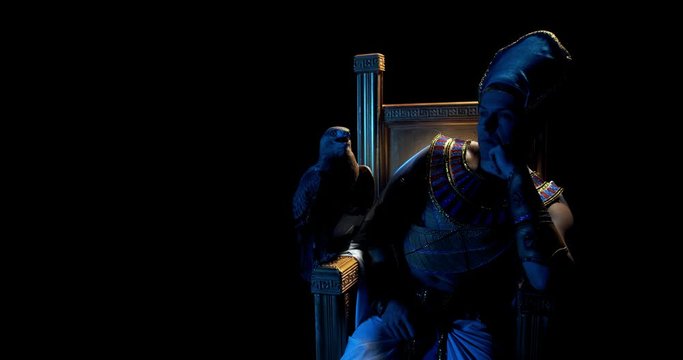 Pharaoh is sitting on a throne, and a big hawk is sitting on an armrest, 4k