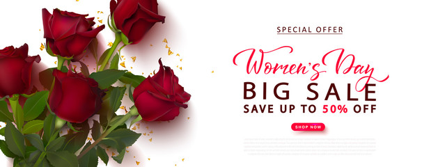 8 March Happy Women's day sale background with Red roses and serpentine. Modern design.Universal vector background for poster, banners, flyers, card,advertising brochure