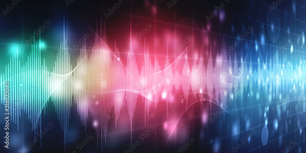 Poster abstract digital equalizer, sound wave pattern element, sound waves oscillating glow light, abstract
