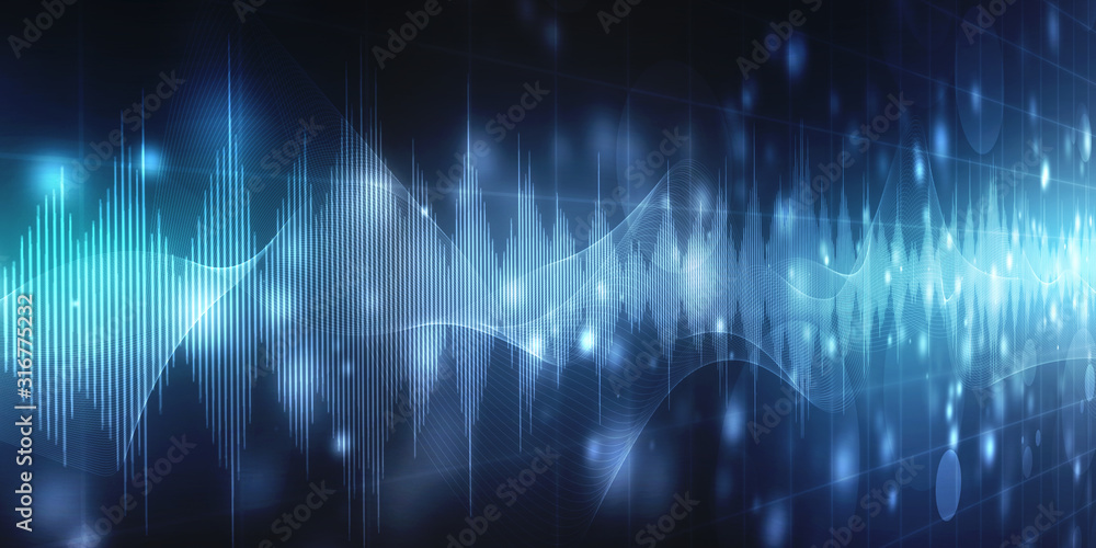 Poster abstract digital equalizer, sound wave pattern element, sound waves oscillating glow light, abstract