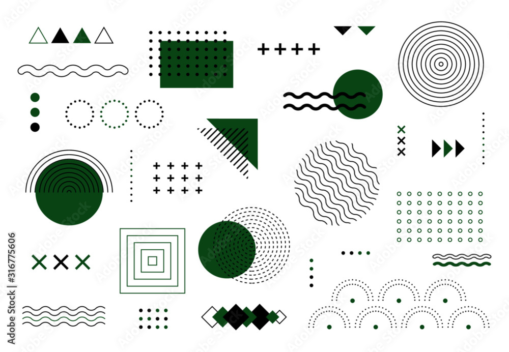 Poster geometric memphis elements. minimal abstract geometry shapes, funky bold constructivism icons for po