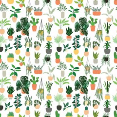Curtains Seamless pattern with collection of hand drawn indoor house plants on white background. Collection of potted plants. Colorful flat vector illustration
