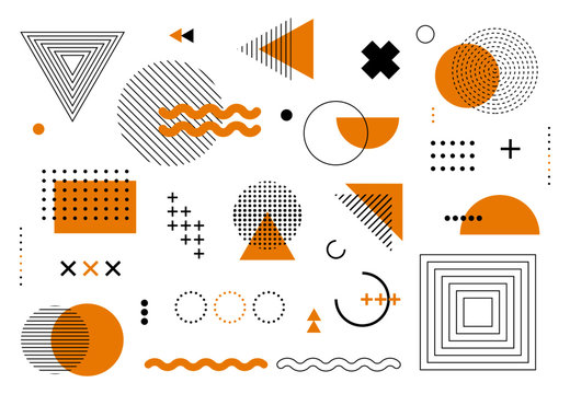 Geometric abstract elements memphis style. Set of funky bold constructivism graphics for posters, flyers. Vector yellow and black minimal shapes for modern cover design