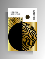 Geometric design for cover, poster. Gold, black, white color texture elements are hand-drawn. EPS 10 vector.