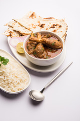 Hyderabadi Mutton Paya, Nehari, nahari or Nihari Masala. served with Naan and rice. selective focus