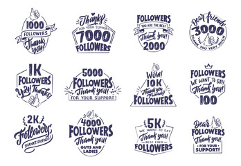 Fototapeta premium Set of vintage, retro Thank you Followers badges, logos, phrases, slogans.