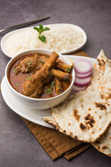 Hyderabadi Mutton Paya, Nehari, nahari or Nihari Masala. served with Naan and rice. selective focus