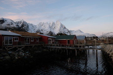 Norway, Lofoten Islands, bay of fishing village Ballstad. Sharp mountains in the background. An unique nature. Typical red rorbu houses infront. Hattvika Lodge.