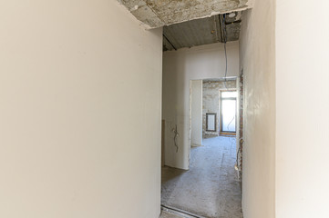 Russia, Moscow- September 10, 2019: interior room apartment rough repair for self-finishing. interior decoration, bare walls of the room, stage of construction