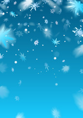 Fototapeta na wymiar Snowflakes falling flying on blue background.