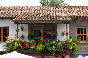 Fototapeta na wymiar Old house front balcony full of plants in Teror, Gran Canaria. Outdoors natural decoration on brown tiles roof building