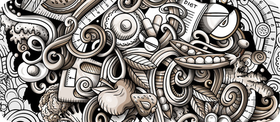 Diet food hand drawn doodle banner. Cartoon detailed flyer.