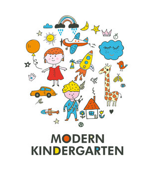Kindergarten logo and card - vector graphic illustration