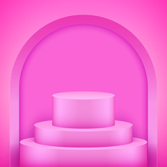 Light box with Pink presentation circle podium with arch ant three level. Pastel color. Editable Background Vector illustration.