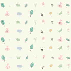 Fototapeta na wymiar Cute forest pattern on warm background, wrapping paper, vector textile fabric print illustration..Design of color pencil from child draw.