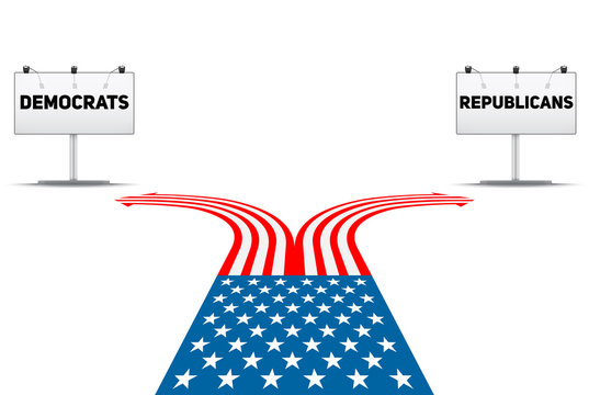 Standing at the crossroad making USA political party choice. Flag in the shape of the road to the Republicans or Democrats. Vector Illustration Isolated on white Background.