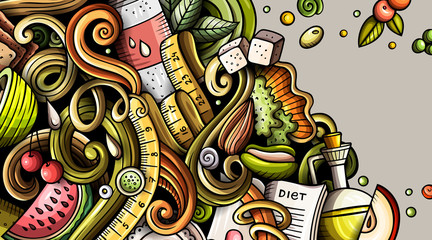 Fototapeta na wymiar Diet food hand drawn doodle banner. Cartoon detailed flyer.