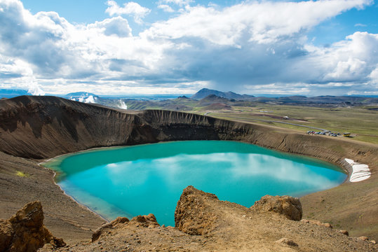 Volcano crater Viti with turquoise lake inside, Krafla volcanic area, Iceland