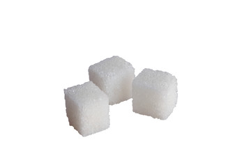 Isolated white cubes sugar on white background.