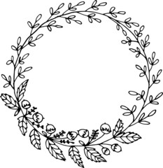 Hand drawn spring floral wreath with leaves, flowers, berries. Round frames. Creative decorative elements. Perfect for valentines day, stickers, wedding, birthday, save the date invitation.