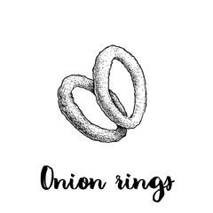 Onion rings sketch. Hand drawn fried snack. Street fast food vector illustration. Isolated on white background.