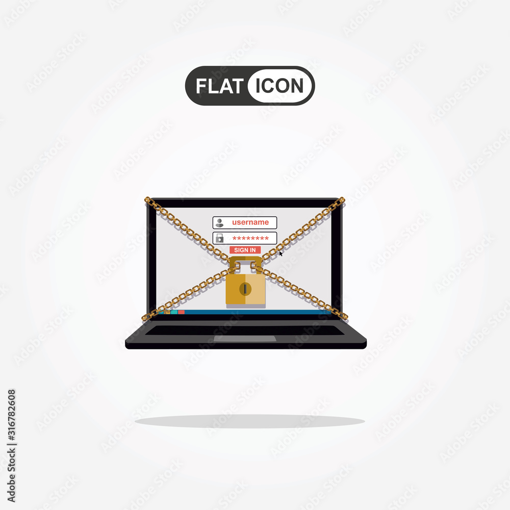 Poster laptop computer are bound with chains and locked with a padlock. concept of security center. flat il