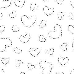 Hand drawn retro hearts seamless pattern. Vector illustration. Scribble black hearts with dash stroke on white background. Love concept for Valentine's Day. Abstract template. Vintage background. 
