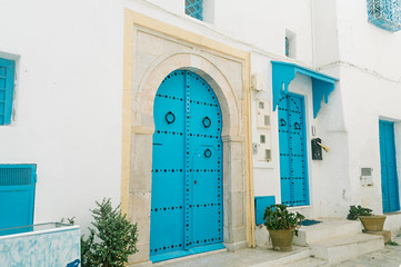 Typical local door of a traditional street house in Sidi Bou Said, Tunisia