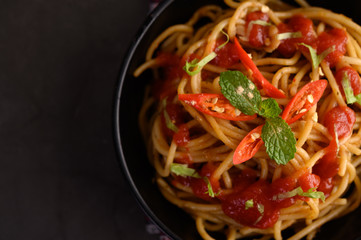 appetizing cooked spaghetti italian pasta with tomato sauce