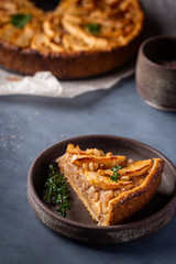 Slice of homemade delicious fresh baked Rustic Apple Pie on gray backgrounf