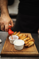 Served traditional delicious food. View from above. High angle view.