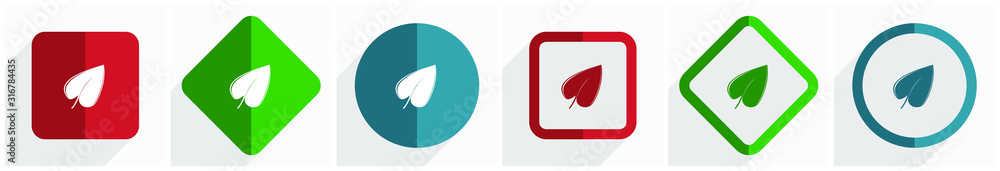 Poster leaf icon set, flat design vector illustration in 6 options for webdesign and mobile applications in