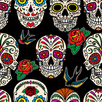 Seamless pattern with mexican sugar skulls and roses. Design element for poster, card, banner, clothes decoration.
