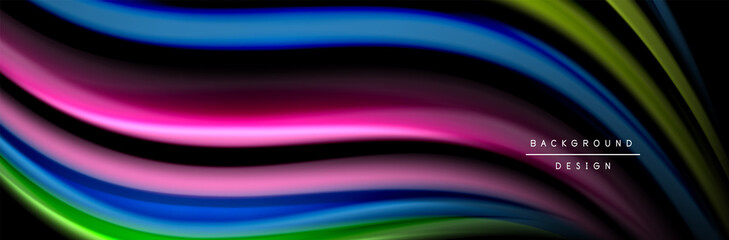 Silk and smooth flow wave poster design. Color waves, liquid style lines and shapes in black color background