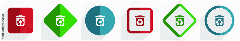 Fototapete recycle icon set, flat design vector illustration in 6 options for webdesign and mobile applications