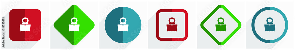 Poster book icon set, flat design vector illustration in 6 options for webdesign and mobile applications in