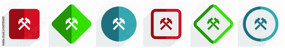 Poster Mining icon set, flat design vector illustration in 6 options for webdesign and mobile applications in eps 10