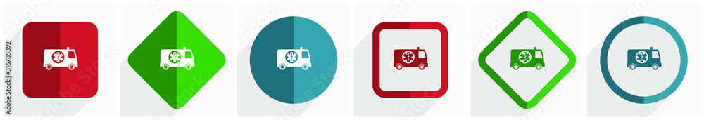Aufkleber Ambulance icon set, flat design vector illustration in 6 options for webdesign and mobile applications in eps 10