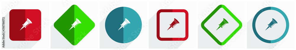 Fototapete pin icon set, flat design vector illustration in 6 options for webdesign and mobile applications in 