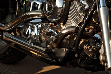Motorcycle engine closeup. chrome engine parts. Shiny smooth details.