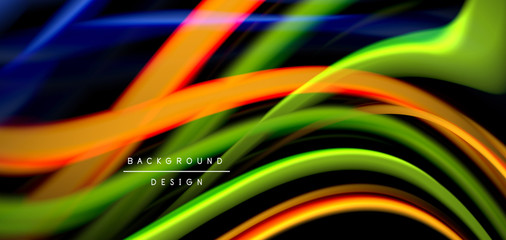 Abstract silk smooth lines on black, multicolored liquid fluid rainbow style waves on black